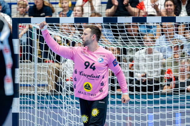 Solingen, October 6, 2026, Handball, Men s, EHF, European League, Group Stage, Matchday 2, 2026–2027, Bergischer HC vs. IK Sävehof, Kristian van der Merwe of Bergischer HC, 94, celebrates after a save at the Klingenhalle in Solingen, North Rhine-Westphalia, Germany