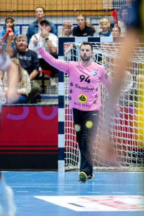 Solingen, October 6, 2026, Handball, Men s, EHF, European League, Group Stage, Matchday 2, 2026–2027, Bergischer HC vs. IK Sävehof, Kristian van der Merwe of Bergischer HC, 94, celebrates after a save at the Klingenhalle in Solingen, North Rhine-Westphalia, Germany