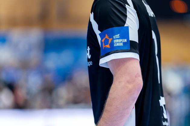 Solingen, October 6, 2026, Handball, Men s, EHF, European League, Group Stage, Matchday 2, 2026–2027, Bergischer HC vs. IK Sävehof, EHF European League emblem on the jersey sleeve, Solingen Klingenhalle, North Rhine-Westphalia, Germany
