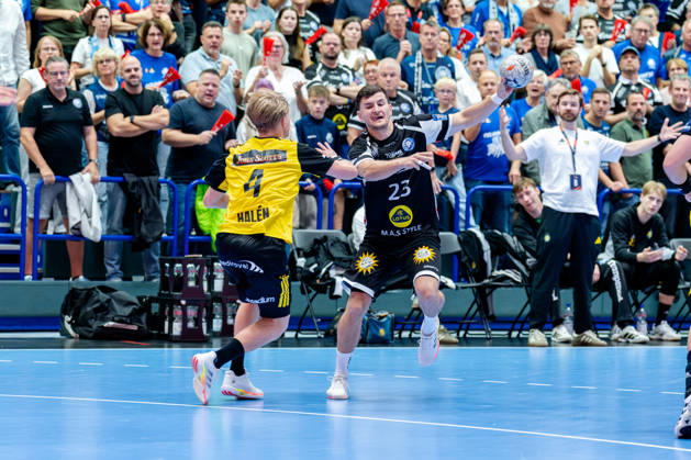 Solingen, October 6, 2026, Handball, Men s, EHF, European League, Group Stage, Matchday 2, 2026–2027, Bergischer HC vs. IK Sävehof, Janik Schrader (Bergischer HC), 23, during the game at Klingenhalle in Solingen, North Rhine-Westphalia, Germany