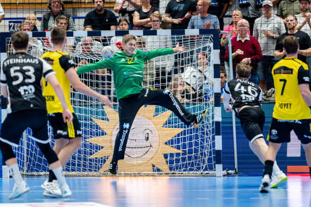 Solingen, October 6, 2026, Handball, Men s, EHF, European League, Group Stage, Matchday 2, 2026–2027, Bergischer HC vs. IK Sävehof, Peter Johannesson (IK Sävehof) made a save against Julian Fuchs (Bergischer HC), 12, at the Klingenhalle in Solingen, North Rhine-Westphalia, Germany