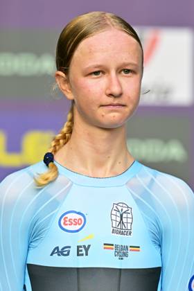 Belgium s Laura Five , winner of the silver medal pictured on the podium of the Women Junior Individual Time Trial race (22km) at the cycling UEC Road European Championships, in Ljubljana, Slovenia, on Wednesday 7 October 2026. The UEC Road European Championships are taking place from 02 to 07 October in Ljubljana, Slovenia. DAVIDxPINTENS x189033966x