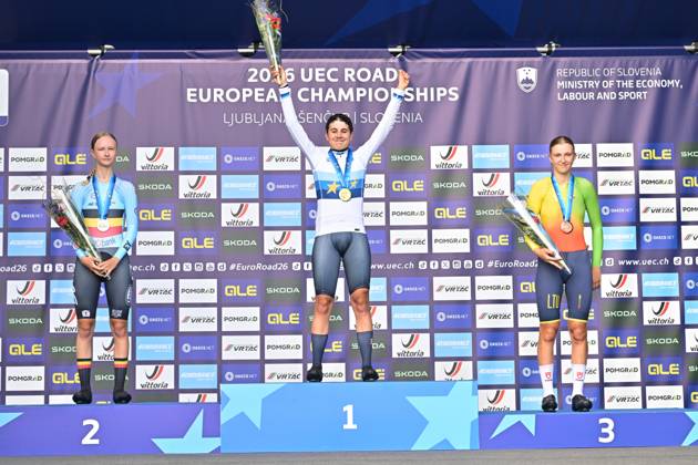 Belgium s Laura Five; Spain s Alejandra Neira Dominguez and Lithuania s Auguste Mikutyte celebrate on the podium of the Women Junior Individual Time Trial race (22km) at the cycling UEC Road European Championships, in Ljubljana, Slovenia, on Wednesday 7 October 2026. The UEC Road European Championships are taking place from 02 to 07 October in Ljubljana, Slovenia. DAVIDxPINTENS  x189034002x