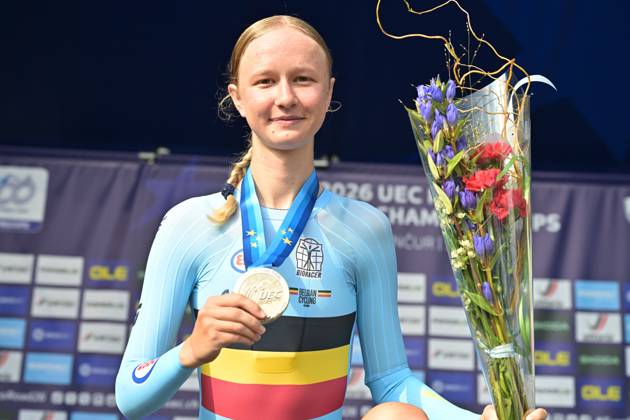Belgium s Laura Five , winner of the silver medal pictured on the podium of the Women Junior Individual Time Trial race (22km) at the cycling UEC Road European Championships, in Ljubljana, Slovenia, on Wednesday 7 October 2026. The UEC Road European Championships are taking place from 02 to 07 October in Ljubljana, Slovenia. DAVIDxPINTENS x189034189x