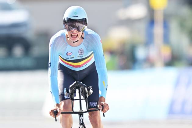 Belgium s Sander Willems crosses the finish line of the Men Junior Individual Time Trial race (22km) at the cycling UEC Road European Championships, in Ljubljana, Slovenia, on Wednesday 7 October 2026. The UEC Road European Championships are taking place from 02 to 07 October in Ljubljana, Slovenia. DAVIDxPINTENS x189034494x