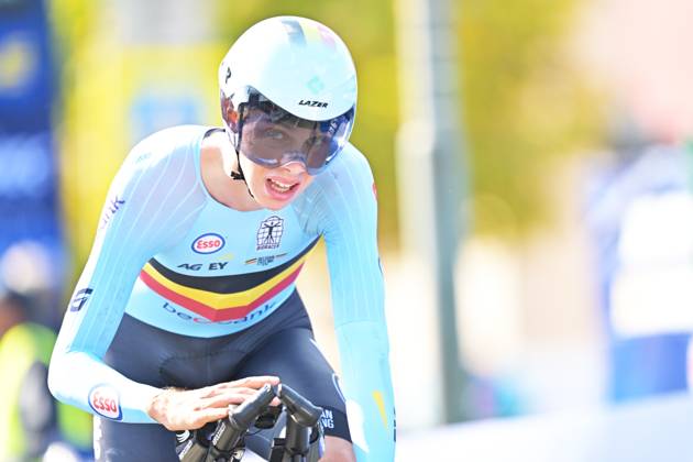 Belgium s Sander Willems crosses the finish line of the Men Junior Individual Time Trial race (22km) at the cycling UEC Road European Championships, in Ljubljana, Slovenia, on Wednesday 7 October 2026. The UEC Road European Championships are taking place from 02 to 07 October in Ljubljana, Slovenia. DAVIDxPINTENS  x189034589x