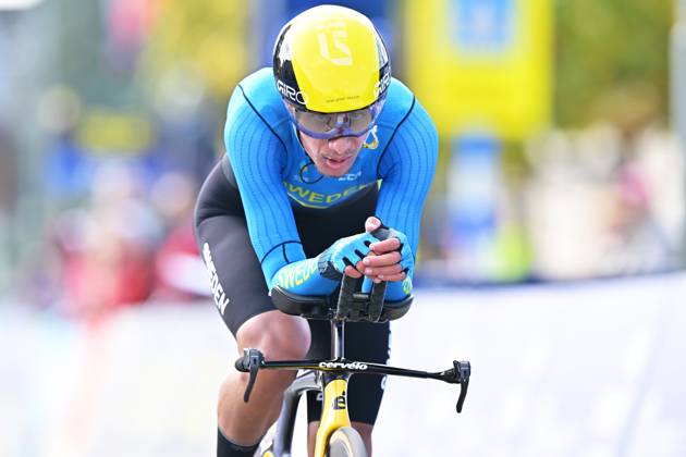 Sweden s Elias Wandel crosses the finish line of the Men Junior Individual Time Trial race (22km) at the cycling UEC Road European Championships, in Ljubljana, Slovenia, on Wednesday 7 October 2026. The UEC Road European Championships are taking place from 02 to 07 October in Ljubljana, Slovenia. DAVIDxPINTENS x189035296x