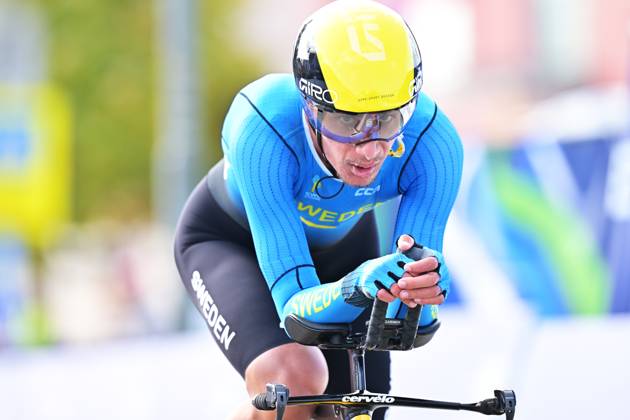 Sweden s Elias Wandel crosses the finish line of the Men Junior Individual Time Trial race (22km) at the cycling UEC Road European Championships, in Ljubljana, Slovenia, on Wednesday 7 October 2026. The UEC Road European Championships are taking place from 02 to 07 October in Ljubljana, Slovenia. DAVIDxPINTENS x189035494x