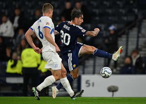 Glasgow, Scotland, 6th October 2026. Jaka Bijol of Slovenia and Kieron Bowie of Scotland during the Scotland vs Slovenia UEFA Nations League match at Hampden Park, Glasgow. Picture credit should read: Neil Hanna Sportimage EDITORIAL USE ONLY. No use with unauthorised audio, video, data, fixture lists, club league logos or live services. Online in-match use limited to 120 images, no video emulation. No use in betting, games or single club league player publications. SPI_084_NH_Scotland_Slovenia SPI-5054-0084