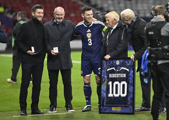 Glasgow, Scotland, 6th October 2026. Scotland head coach, Sebastien Pocognoli with former Scotland & Andy Robertsons managers Steve Clarke, Gordon Strachan and Alex McLeish wait to present a framed shiirt to mark Roberstons 100 cap during the Scotland vs Slovenia UEFA Nations League match at Hampden Park, Glasgow. Picture credit should read: Neil Hanna Sportimage EDITORIAL USE ONLY. No use with unauthorised audio, video, data, fixture lists, club league logos or live services. Online in-match use limited to 120 images, no video emulation. No use in betting, games or single club league player publications. SPI_094_NH_Scotland_Slovenia SPI-5054-0094