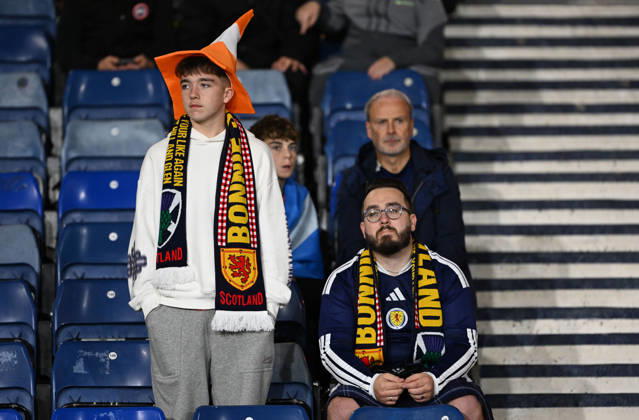Glasgow, Scotland, 6th October 2026. Scotland fans during the Scotland vs Slovenia UEFA Nations League match at Hampden Park, Glasgow. Picture credit should read: Neil Hanna Sportimage EDITORIAL USE ONLY. No use with unauthorised audio, video, data, fixture lists, club league logos or live services. Online in-match use limited to 120 images, no video emulation. No use in betting, games or single club league player publications. SPI_112_NH_Scotland_Slovenia SPI-5054-0112