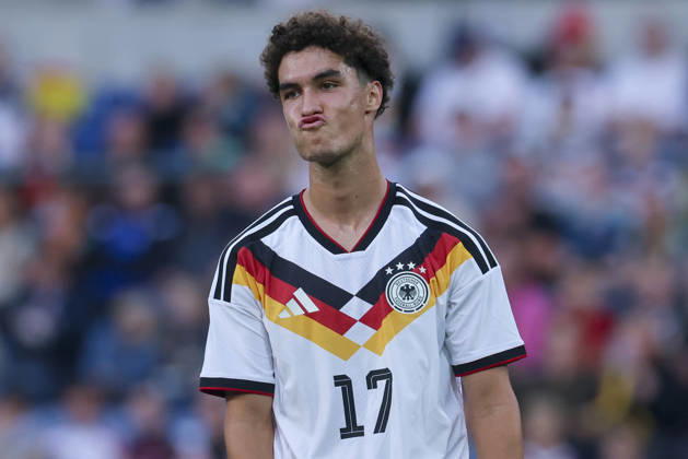 Noah Darvich of Germany looks dejected during the UEFA Under-21 EURO qualifier between Germany U21 and Georgia U21 at Almstadion on October 6, 2026, in Bielefeld, Germany. Photo by Marco Steinbrenner, DeFodi Images