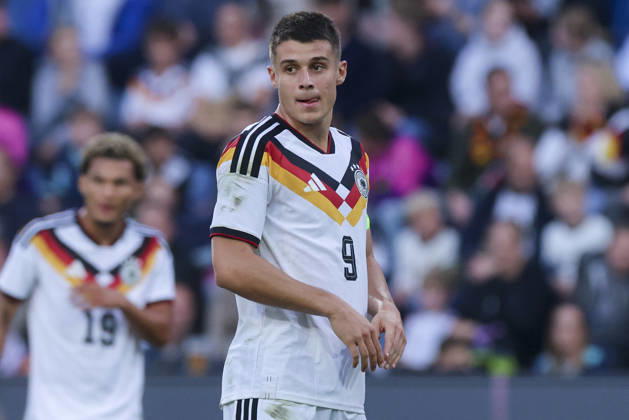 Nicolo Tresoldi of Germany looks dejected during the UEFA Under-21 EURO qualifier between Germany U21 and Georgia U21 at Almstadion on October 6, 2026, in Bielefeld, Germany. Photo by Marco Steinbrenner, DeFodi Images