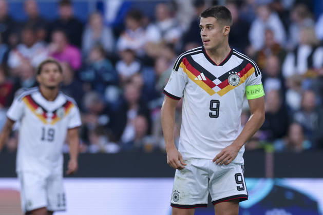 Nicolo Tresoldi of Germany looks dejected during the UEFA Under-21 EURO qualifier between Germany U21 and Georgia U21 at Almstadion on October 6, 2026, in Bielefeld, Germany. Photo by Marco Steinbrenner, DeFodi Images
