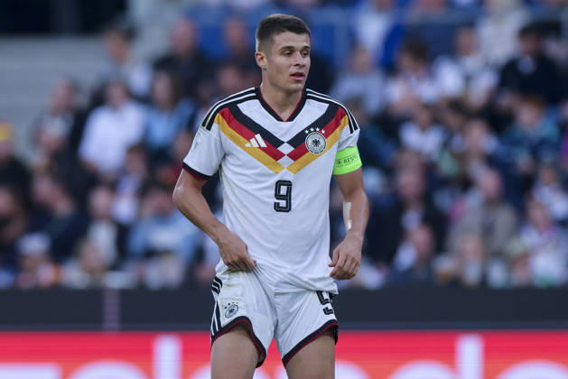 Nicolo Tresoldi of Germany looks dejected during the UEFA Under-21 EURO qualifier between Germany U21 and Georgia U21 at Almstadion on October 6, 2026, in Bielefeld, Germany. Photo by Marco Steinbrenner, DeFodi Images