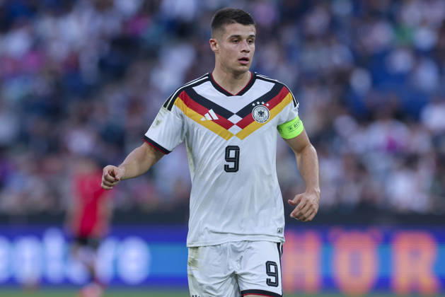 Nicolo Tresoldi of Germany watches the UEFA Under-21 EURO qualifier between Germany U21 and Georgia U21 at Almstadion on October 6, 2026, in Bielefeld, Germany. Photo by Marco Steinbrenner, DeFodi Images
