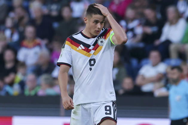 Nicolo Tresoldi of Germany looks dejected during the UEFA Under-21 EURO qualifier between Germany U21 and Georgia U21 at Almstadion on October 6, 2026, in Bielefeld, Germany. Photo by Marco Steinbrenner, DeFodi Images