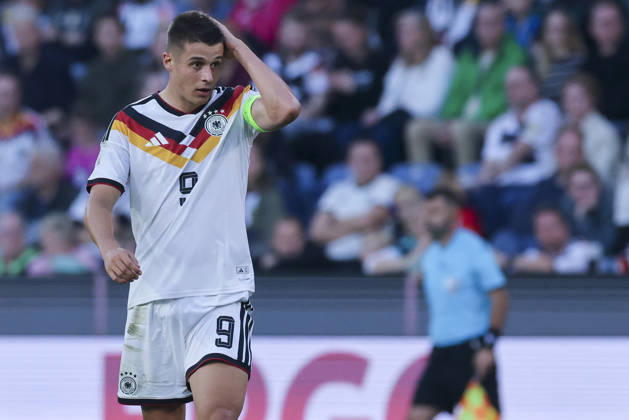 Nicolo Tresoldi of Germany looks dejected during the UEFA Under-21 EURO qualifier between Germany U21 and Georgia U21 at Almstadion on October 6, 2026, in Bielefeld, Germany. Photo by Marco Steinbrenner, DeFodi Images