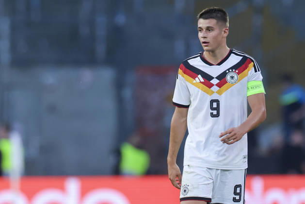 Nicolo Tresoldi of Germany watches the UEFA Under-21 EURO qualifier between Germany U21 and Georgia U21 at Almstadion on October 6, 2026, in Bielefeld, Germany. Photo by Marco Steinbrenner, DeFodi Images