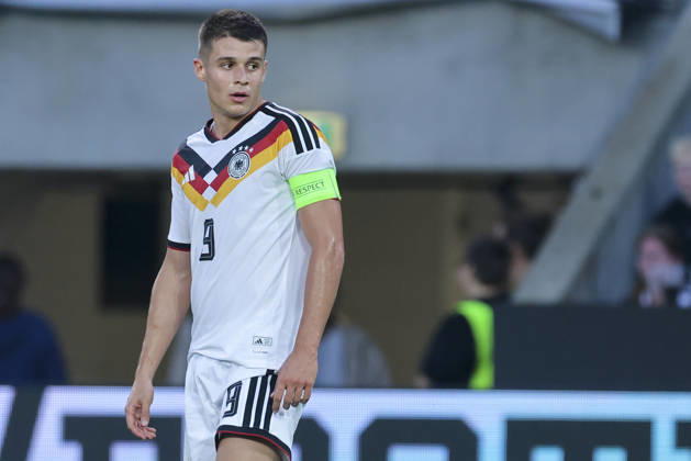 Nicolo Tresoldi of Germany looks dejected during the UEFA Under-21 EURO qualifier between Germany U21 and Georgia U21 at Almstadion on October 6, 2026, in Bielefeld, Germany. Photo by Marco Steinbrenner, DeFodi Images