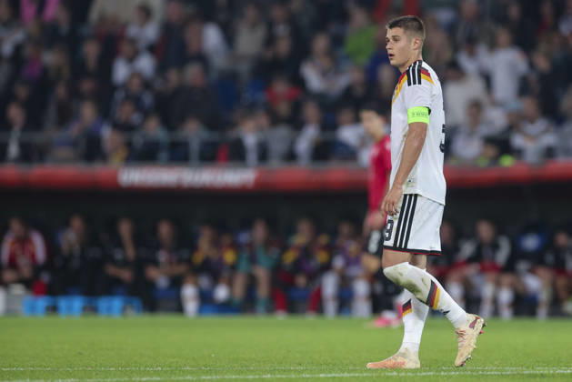 Nicolo Tresoldi of Germany looks dejected during the UEFA Under-21 EURO qualifier between Germany U21 and Georgia U21 at Almstadion on October 6, 2026, in Bielefeld, Germany. Photo by Marco Steinbrenner, DeFodi Images
