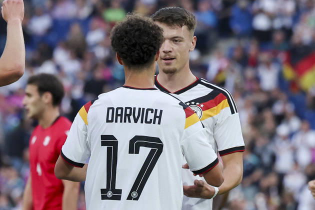 Dzenan Pejcinovic (Germany) celebrates after scoring his team s first goal alongside Noah Darvich (Germany) during the UEFA Under-21 EURO qualifier between Germany U21 and Georgia U21 at Almstadion on October 6, 2026, in Bielefeld, Germany. Photo by Marco Steinbrenner, DeFodi Images