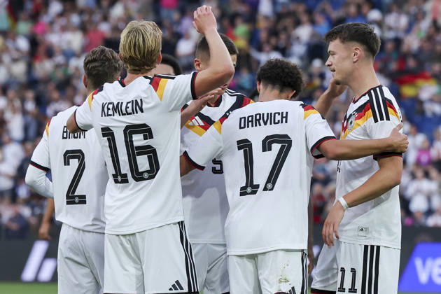 Dzenan Pejcinovic of Germany celebrates his goal with his teammates during the UEFA Under-21 EURO qualifier between Germany U21 and Georgia U21 at Almstadion on October 6, 2026, in Bielefeld, Germany. Photo by Marco Steinbrenner, DeFodi Images