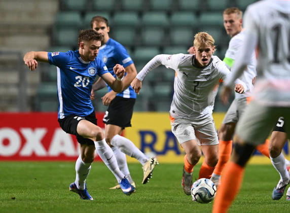 (261007) -- TALLINN, Oct. 7, 2026 -- Iceland s Hakon Arnar Haraldsson (R) breaks through past Estonia s Markus Poom during the UEFA Nations League 2026 27 League C Group C4 match between Estonia and Iceland at A. Le Coq Arena in Tallinn, Estonia, Oct. 6, 2026. (Photo by Xinhua) (SP)ESTONIA-TALLINN-FOOTBALL-UEFA NATIONS LEAGUE C-ESTONIA VS ICELAND SergeixStepanov 