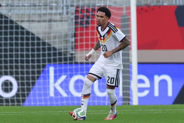 Nnamdi Collins of Germany controls the ball during the UEFA Under-21 EURO qualifier between Germany U21 and Georgia U21 at Almstadion on October 6, 2026, in Bielefeld, Germany. Photo by Marco Steinbrenner, DeFodi Images