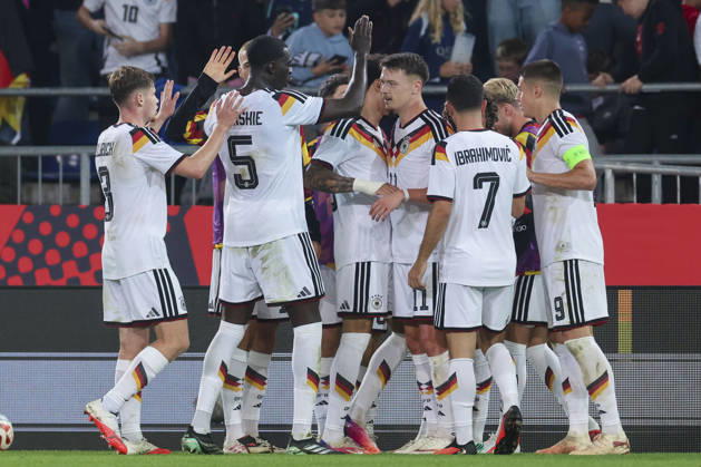 Dzenan Pejcinovic of Germany celebrates his goal with his teammates during the UEFA Under-21 EURO qualifier between Germany U21 and Georgia U21 at Almstadion on October 6, 2026, in Bielefeld, Germany. Photo by Marco Steinbrenner, DeFodi Images