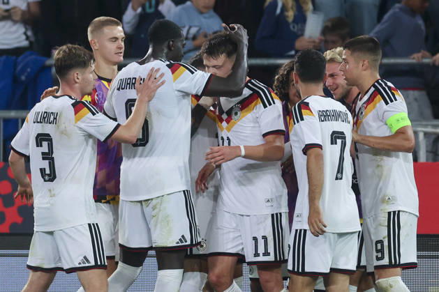 Dzenan Pejcinovic of Germany celebrates his goal with his teammates during the UEFA Under-21 EURO qualifier between Germany U21 and Georgia U21 at Almstadion on October 6, 2026, in Bielefeld, Germany. Photo by Marco Steinbrenner, DeFodi Images