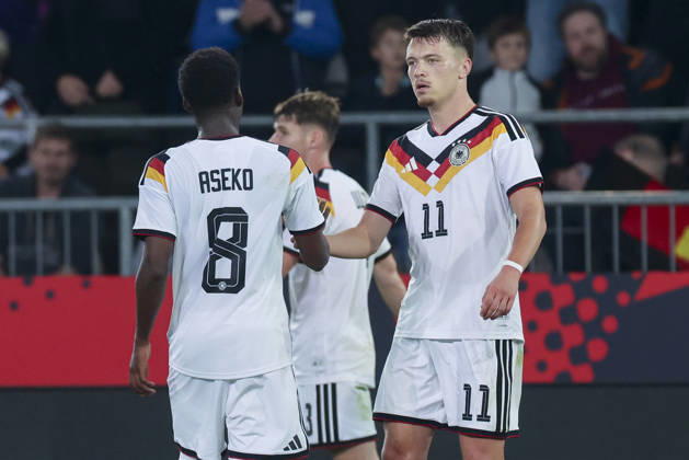 Dzenan Pejcinovic of Germany celebrates after scoring his team s second goal alongside Noel Aseko of Germany during the UEFA Under-21 EURO qualifier between Germany U21 and Georgia U21 at Almstadion on October 6, 2026, in Bielefeld, Germany. Photo by Marco Steinbrenner, DeFodi Images