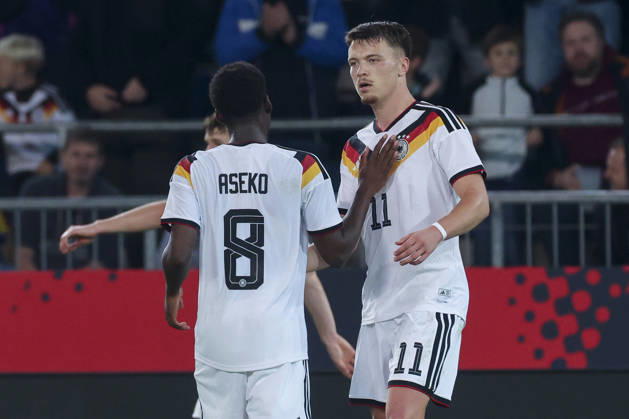 Dzenan Pejcinovic of Germany celebrates after scoring his team s second goal alongside Noel Aseko of Germany during the UEFA Under-21 EURO qualifier between Germany U21 and Georgia U21 at Almstadion on October 6, 2026, in Bielefeld, Germany. Photo by Marco Steinbrenner, DeFodi Images