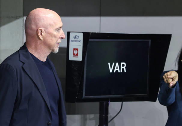 October 6, 2026, Tirana, Tirana, Albania: Albania s National soccer team Head coach Rolando Maran enter the pitch next to an VAR screen prior to the UEFA Nations League 2026-2027 group phase match between Albania and San Marino in Tirana, Albania on 6 October, 2026. Soccer 2026 Albania Vs San Marino UEFA Nations League 2026-2027  - ZUMAb266 20261006_zip_b266_003 Copyright: xArmandoxBabanix