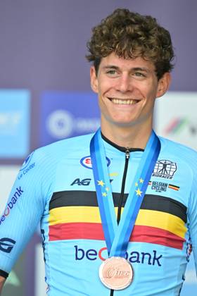 Belgium s Vic De Smet , winner of the bronze medal celebrates on the podium of the Men Junior Individual Time Trial race (22km) at the cycling UEC Road European Championships, in Ljubljana, Slovenia, on Wednesday 7 October 2026. The UEC Road European Championships are taking place from 02 to 07 October in Ljubljana, Slovenia. DAVIDxPINTENS  x189037985x