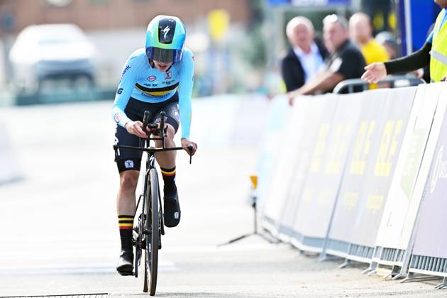 Belgium s Emma Siegers crosses the finish line of the Women U23 Individual Time Trial race (22km) at the cycling UEC Road European Championships, in Ljubljana, Slovenia, on Wednesday 7 October 2026. The UEC Road European Championships are taking place from 02 to 07 October in Ljubljana, Slovenia. DAVIDxPINTENS x189038477x