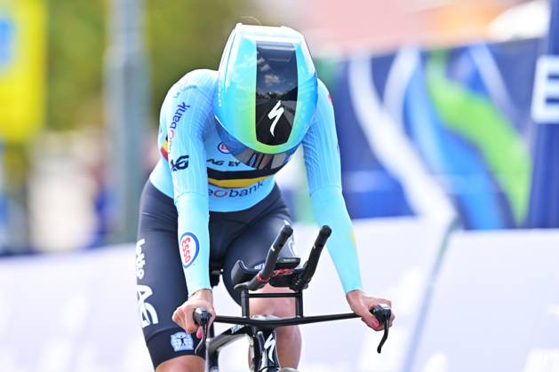 Belgium s Emma Siegers crosses the finish line of the Women U23 Individual Time Trial race (22km) at the cycling UEC Road European Championships, in Ljubljana, Slovenia, on Wednesday 7 October 2026. The UEC Road European Championships are taking place from 02 to 07 October in Ljubljana, Slovenia. DAVIDxPINTENS x189038482x