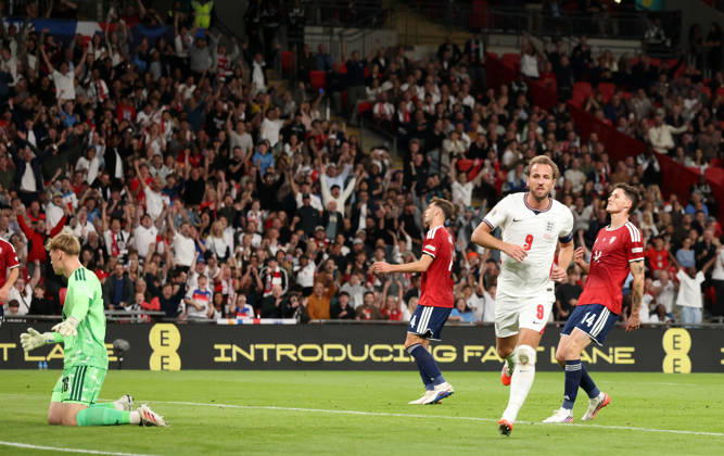 Harry Kane (E) celebrates scoring the second England goal (2-0) at the England v Czechia UEFA Nations League Group 3 match, at Wembley Stadium, London, UK, on 6th October, 2026.  .