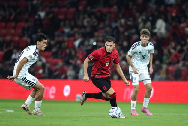 October 6, 2026, Tirana, Tirana, Albania: Kristjan Asllani of Albania and Lorenzo Capicchioni of San Marino during UEFA Nations League 2026-2027 group phase match between Albania and San Marino in Tirana, Albania on 6 October, 2026. Tirana Albania - ZUMAb266 20261006_zip_b266_011 Copyright: xArmandoxBabanix