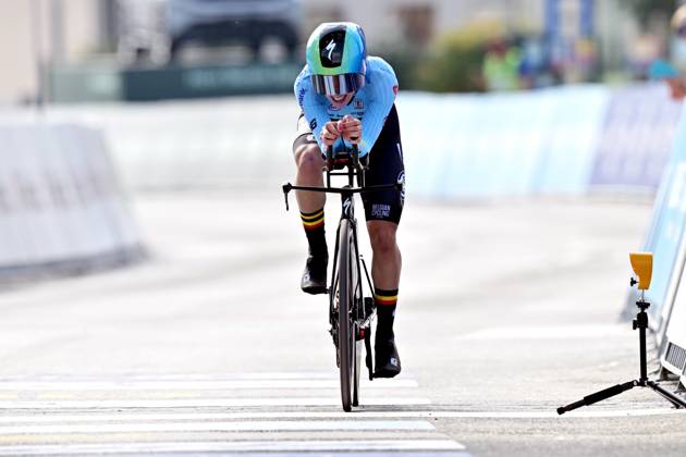Belgium s Emma Siegers crosses the finish line of the Women U23 Individual Time Trial race (22km) at the cycling UEC Road European Championships, in Ljubljana, Slovenia, on Wednesday 7 October 2026. The UEC Road European Championships are taking place from 02 to 07 October in Ljubljana, Slovenia. DAVIDxPINTENS x189038677x