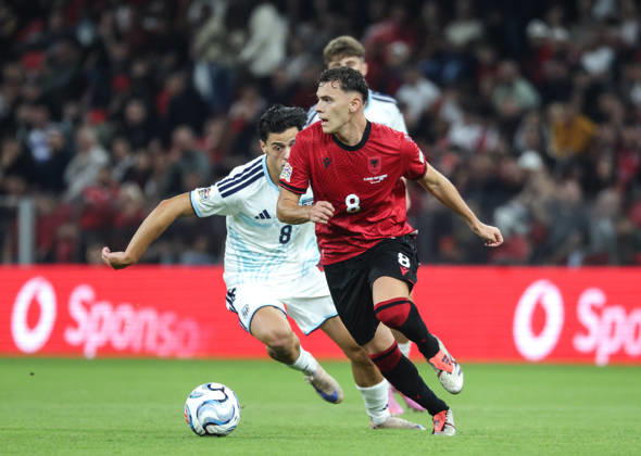 October 6, 2026, Tirana, Tirana, Albania: Kristjan Asllani of Albania and Lorenzo Capicchioni of San Marino during UEFA Nations League 2026-2027 group phase match between Albania and San Marino in Tirana, Albania on 6 October, 2026. Tirana Albania - ZUMAb266 20261006_zip_b266_012 Copyright: xArmandoxBabanix