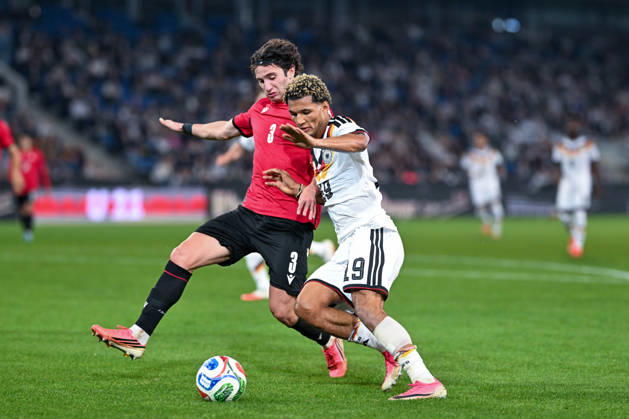 U-21 International Match 26-27: Germany vs. Georgia on October 6, 2026, at the SchücoArena in Bielefeld. Paris Brunner of Germany in a tackle against Dato Bukia of Georgia. MT