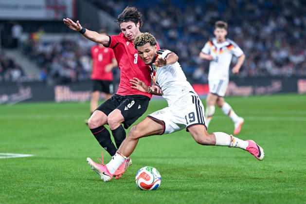 U-21 International Match 26-27: Germany vs. Georgia on October 6, 2026, at the SchücoArena in Bielefeld. Paris Brunner of Germany in a tackle against Dato Bukia of Georgia. MT