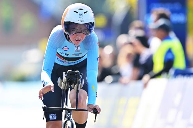 Belgium s Febe Jooris crosses the finish line of the Women U23 Individual Time Trial race (22km) at the cycling UEC Road European Championships, in Ljubljana, Slovenia, on Wednesday 7 October 2026. The UEC Road European Championships are taking place from 02 to 07 October in Ljubljana, Slovenia. DAVIDxPINTENS x189039137x