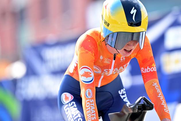 Netherlands Nienke Vinke crosses the finish line to win the Women U23 Individual Time Trial race (22km) at the cycling UEC Road European Championships, in Ljubljana, Slovenia, on Wednesday 7 October 2026. The UEC Road European Championships are taking place from 02 to 07 October in Ljubljana, Slovenia. DAVIDxPINTENS x189039415x