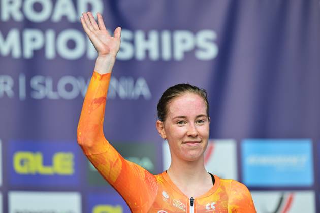 Netherlands Nienke Vinke celebrates on the podium after winning the Women U23 Individual Time Trial race (22km) at the cycling UEC Road European Championships, in Ljubljana, Slovenia, on Wednesday 7 October 2026. The UEC Road European Championships are taking place from 02 to 07 October in Ljubljana, Slovenia. DAVIDxPINTENS x189040022x