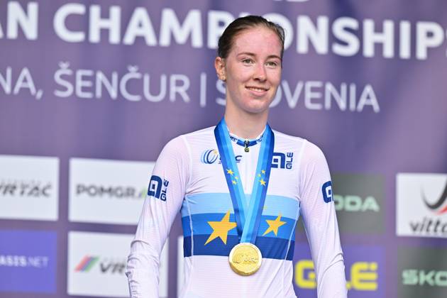 Netherlands Nienke Vinke celebrates on the podium after winning the Women U23 Individual Time Trial race (22km) at the cycling UEC Road European Championships, in Ljubljana, Slovenia, on Wednesday 7 October 2026. The UEC Road European Championships are taking place from 02 to 07 October in Ljubljana, Slovenia. DAVIDxPINTENS x189040059x