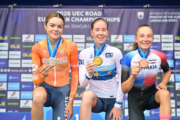 Netherlands Megan Arens; Netherlands Nienke Vinke and Slovakia s Viktoria Chladonova celebrate on the podium of the Women U23 Individual Time Trial race (22km) at the cycling UEC Road European Championships, in Ljubljana, Slovenia, on Wednesday 7 October 2026. The UEC Road European Championships are taking place from 02 to 07 October in Ljubljana, Slovenia. DAVIDxPINTENS  x189040063x