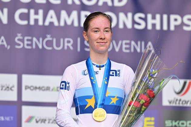 Netherlands Nienke Vinke celebrates on the podium after winning the Women U23 Individual Time Trial race (22km) at the cycling UEC Road European Championships, in Ljubljana, Slovenia, on Wednesday 7 October 2026. The UEC Road European Championships are taking place from 02 to 07 October in Ljubljana, Slovenia. DAVIDxPINTENS x189040067x