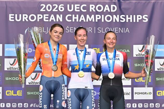 Netherlands Megan Arens; Netherlands Nienke Vinke and Slovakia s Viktoria Chladonova celebrate on the podium of the Women U23 Individual Time Trial race (22km) at the cycling UEC Road European Championships, in Ljubljana, Slovenia, on Wednesday 7 October 2026. The UEC Road European Championships are taking place from 02 to 07 October in Ljubljana, Slovenia. DAVIDxPINTENS  x189040069x